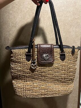 Vintage Brighton Woven Straw Tote with Brown Leather Trim and Heart Charm
